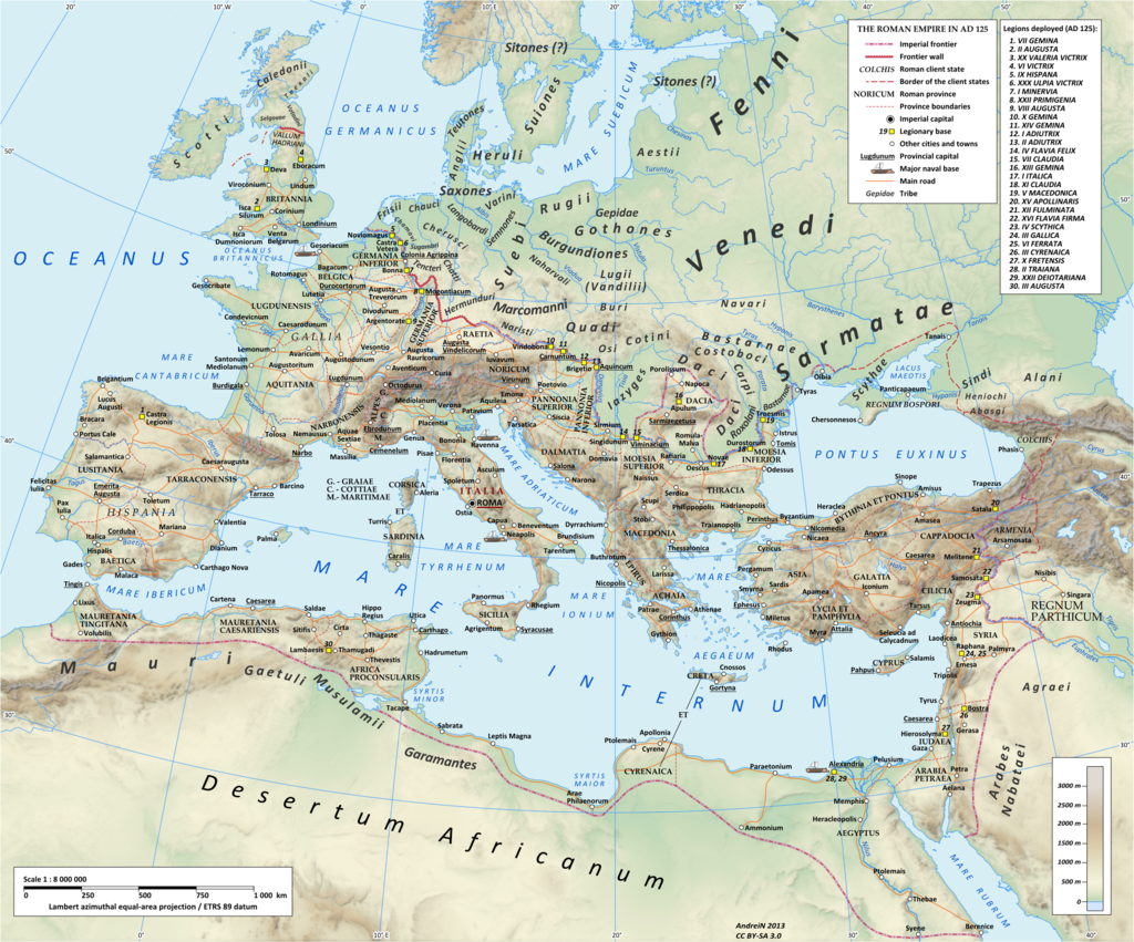 El Imperio Romano bajo Adriano (gobernado 117-138), que muestra la ubicación de los marcomanos en la región del Alto Danubio